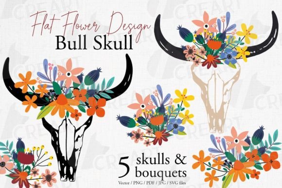 Download Floral Bull Skull Bouquets Flat Graphic - Premium Bundle